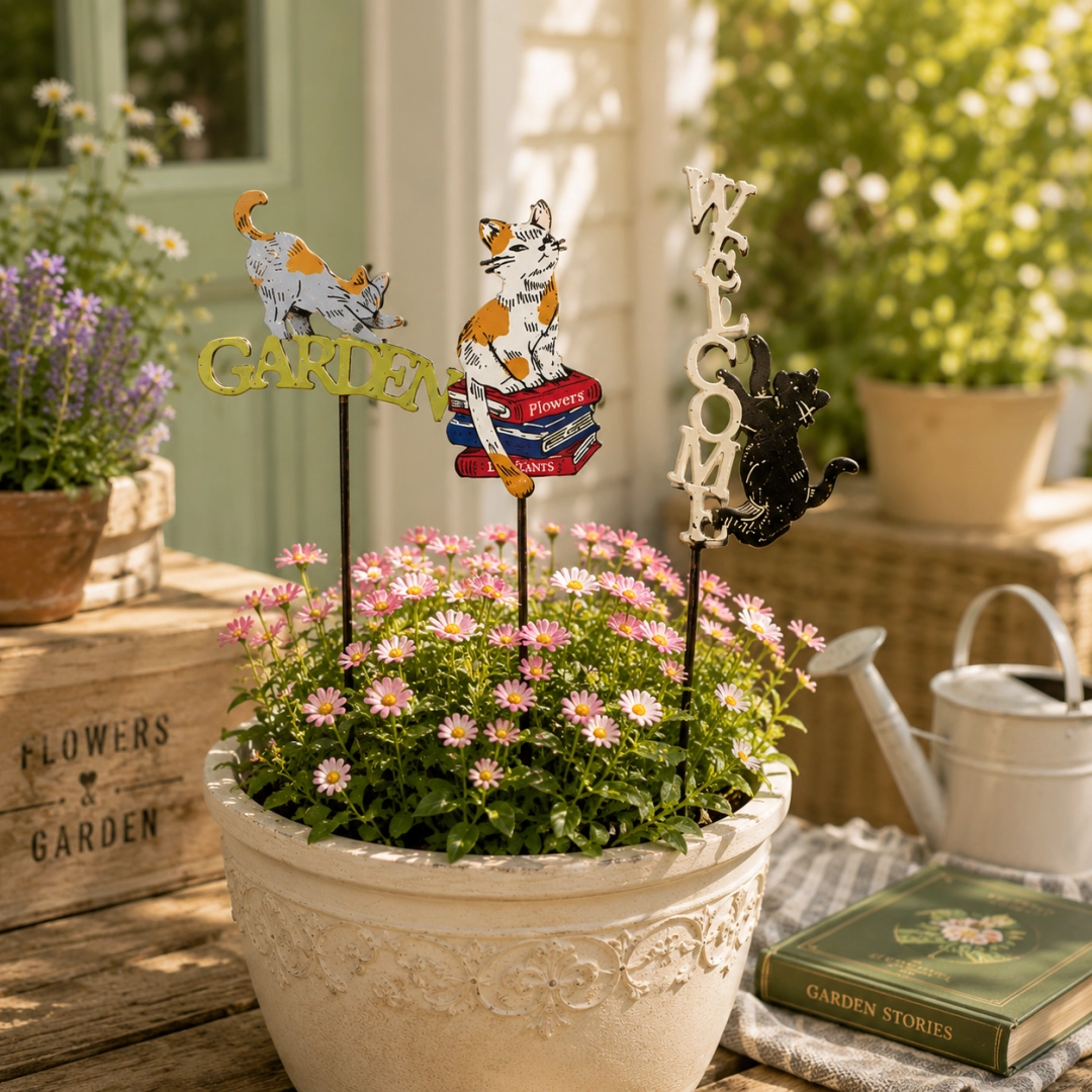 Vintage Metal Garden Stakes - Woodland Squirrel Hedgehog & Cat Plant Pot Picks