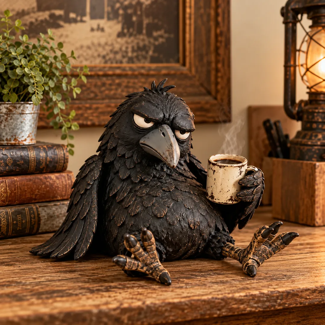Grumpy Coffee Raven Figurine – “Not Yet” Funny Morning Decor