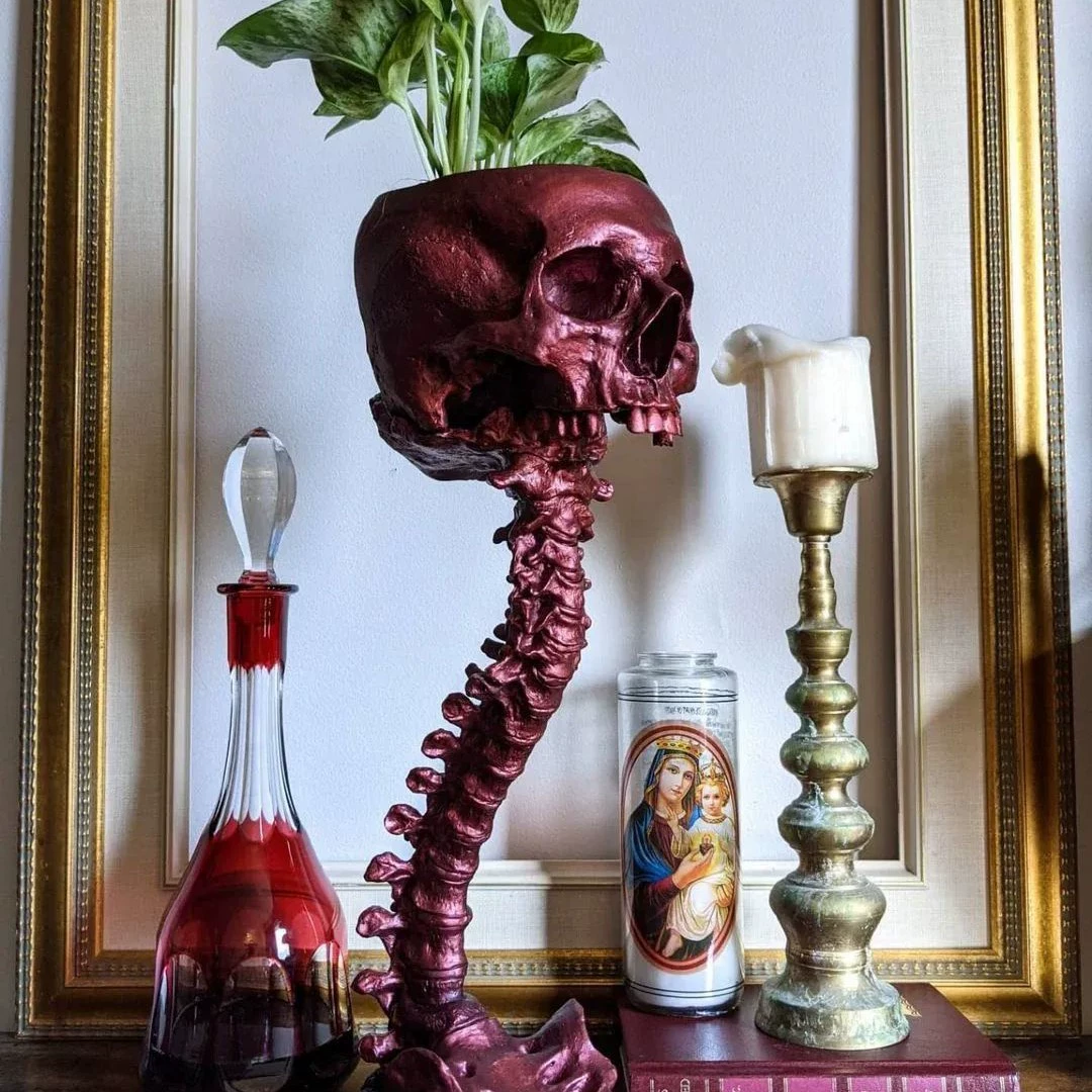 Gothic Skull Planter and Skeleton Vase, 11.6-Inch Spooky Home Decor