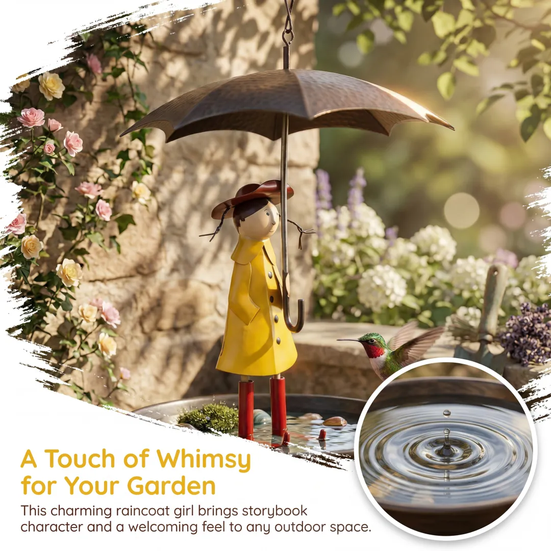 Whimsical Raincoat Girl Hanging Bird Feeder & Bird Bath