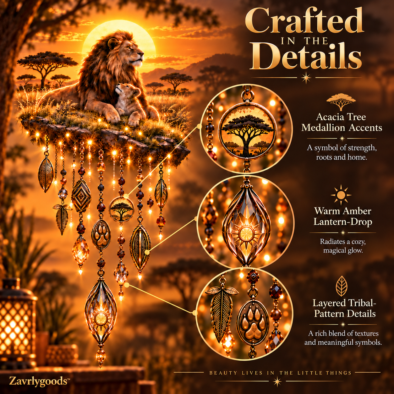 Close-up details of the acacia medallion amber hanging light and decorative accents