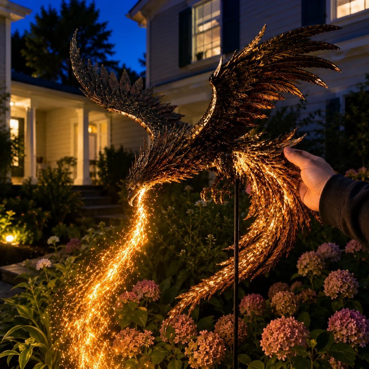 Customer checking glowing phoenix garden stake at night