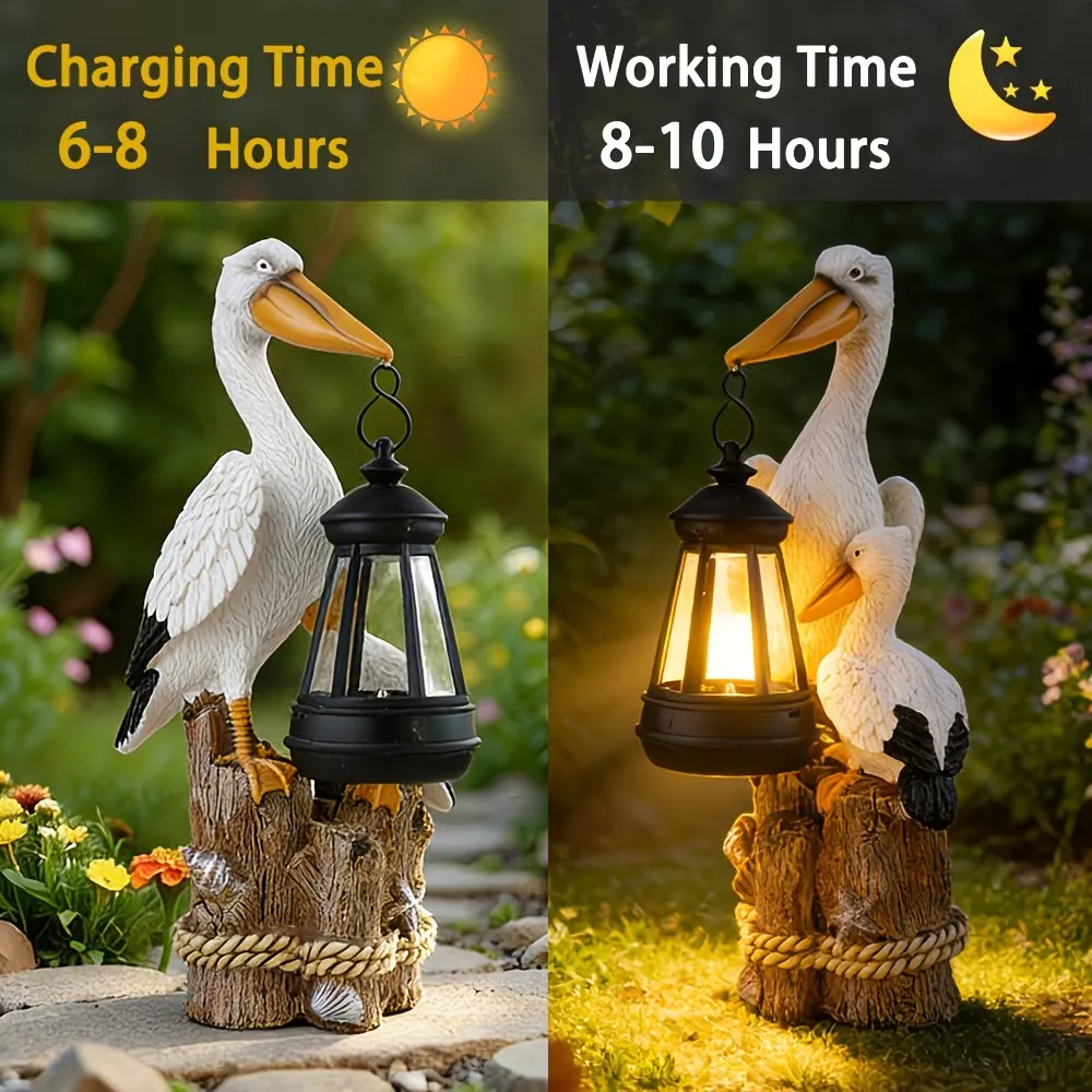 Whimsical Solar Pelican Mother & Baby Garden Lantern StatueThe sweet detail of the baby pelican leaning closely against the larger pelican gives this piece an especially warm, loving feel. From the textured feather detailing to the hanging lantern, wood-l