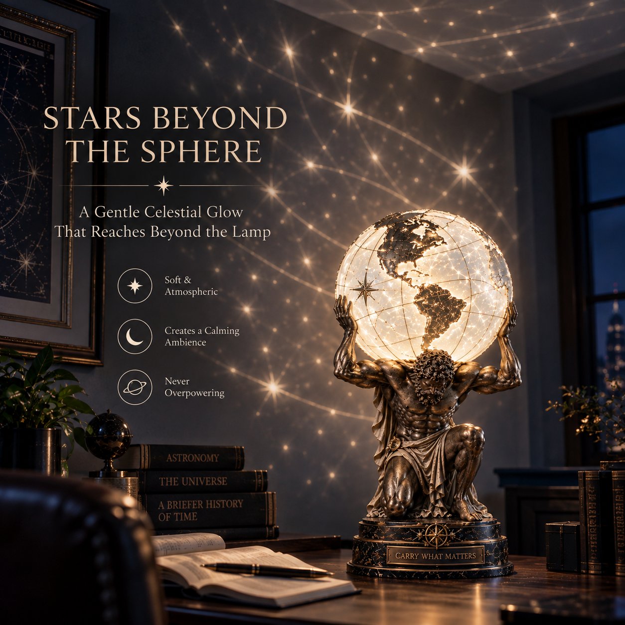 Atlas lamp with illuminated celestial globe detail
