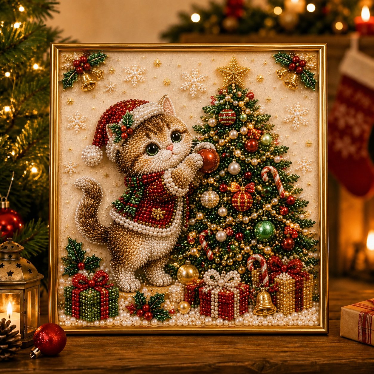 🎄🐾 Premium 3D Pearl Christmas Kitty Art Kit | Luxury Flocked Canvas with Scratch-Resistant Non-Fading Pearl Beads DIY Holiday Decor 🎅🐱❄️