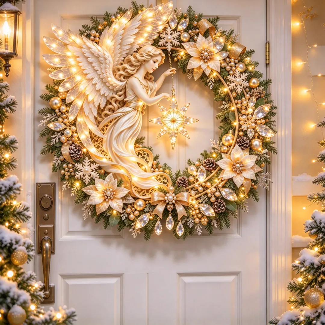  ✨ Heavenly Angel Christmas Wreath – Lighted Holiday Door Decor 