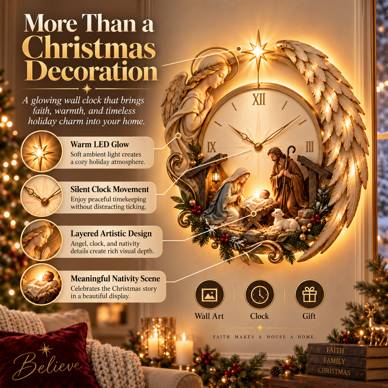 Bethlehem Angel Nativity Clock features