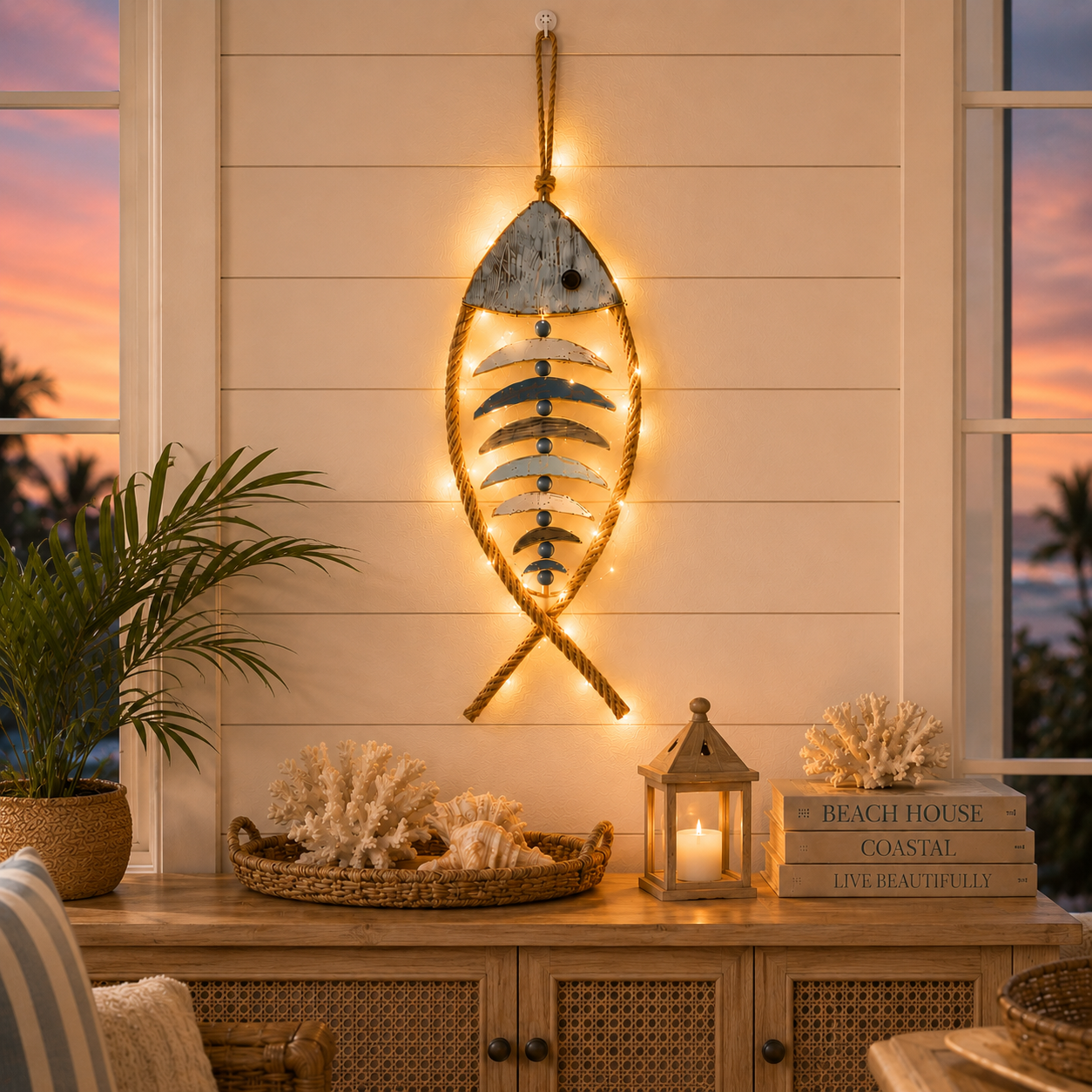 🐟✨ Lighted Coastal Rope Fish Wall Hanging