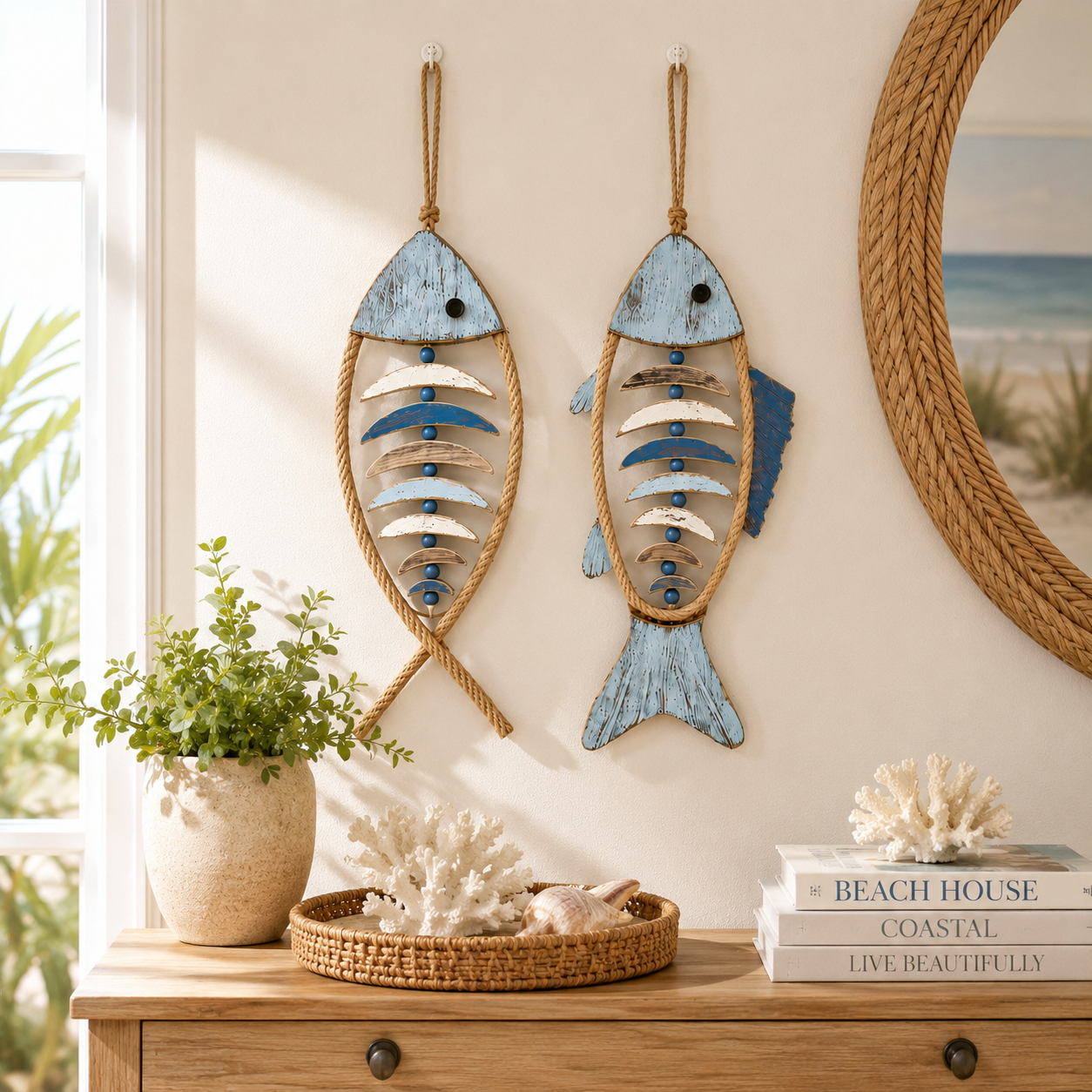 🐟✨ Lighted Coastal Rope Fish Wall Hanging