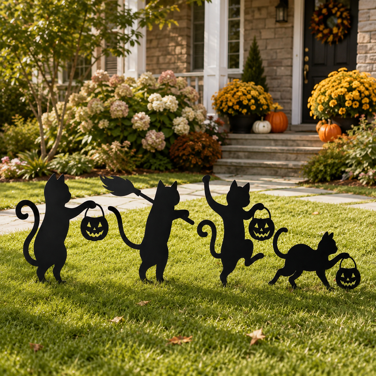 Playful Metal Black Cat Garden Stakes, Set of 4