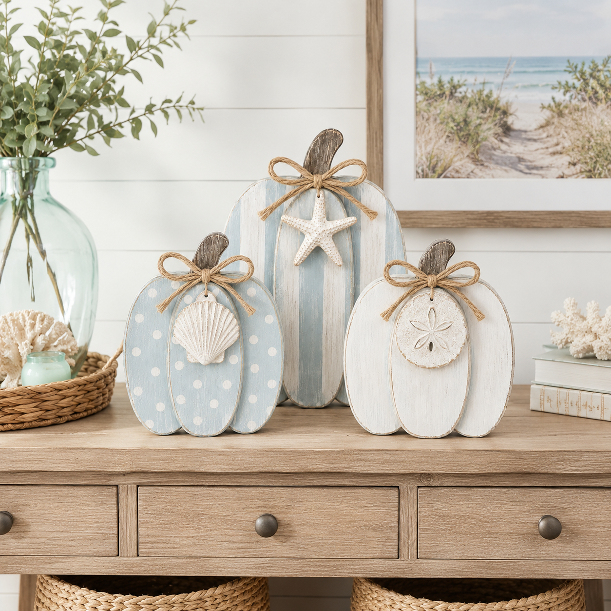 Coastal Wooden Pumpkin Tabletop Décor, Set of 3