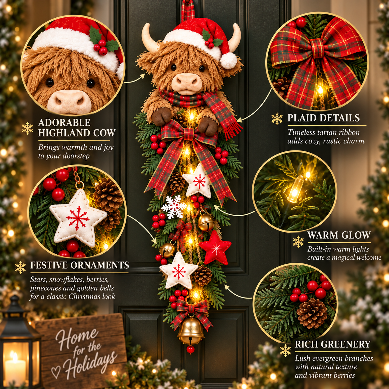Highland Cow Christmas Door Swag Detail Features