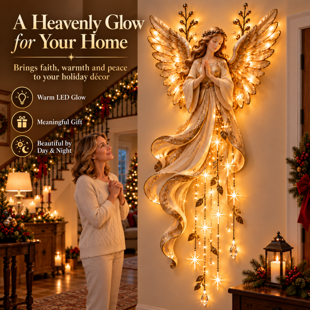 Guardian angel Christmas wall decoration integrated into a festive home interior