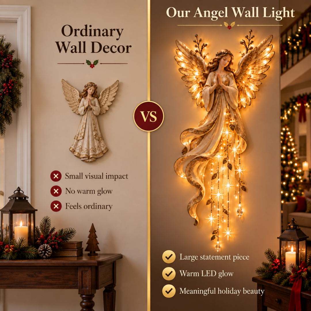 Guardian angel Christmas wall decor displayed beside a fireplace