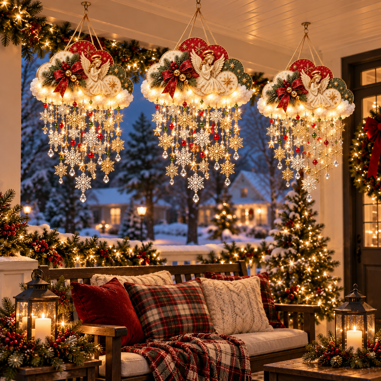 Multiple Christmas snowfall clouds decorating a porch