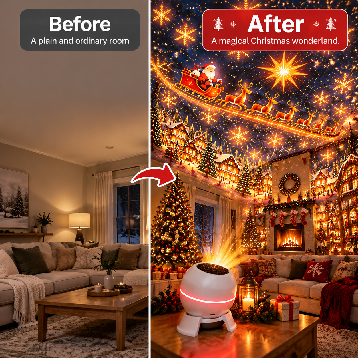 Room transformed with Christmas projection lighting
