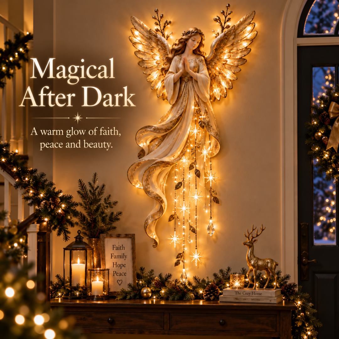 Guardian angel Christmas wall decor with illuminated golden wings and cascading stars