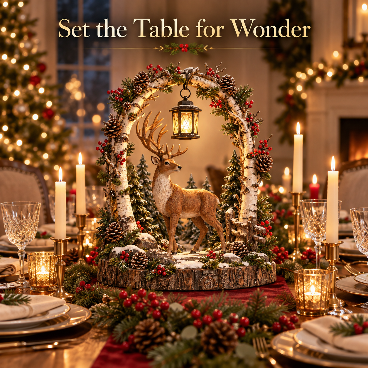 Woodland Reindeer Lantern used as a Christmas dining table centerpiece