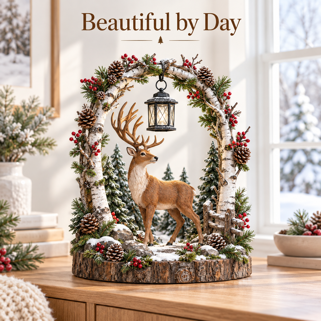 Woodland Reindeer Lantern displayed in a bright daytime interior