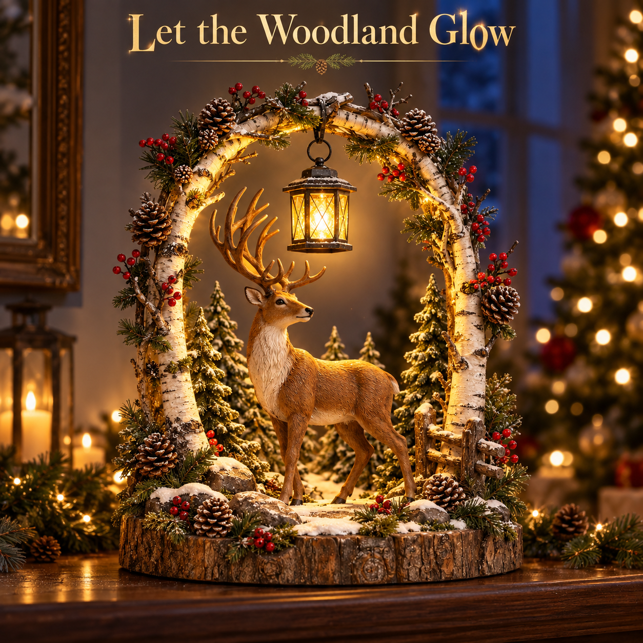 Woodland Reindeer Lantern creating a warm glow in the evening