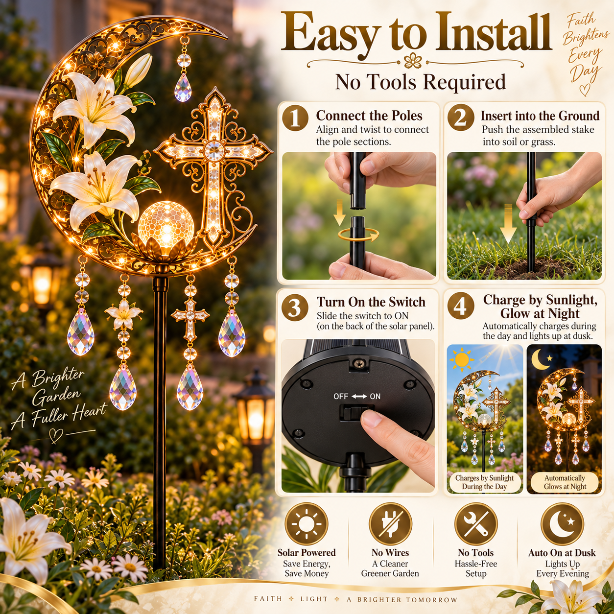 Assembly and placement guide for the Cross and Lily solar garden light