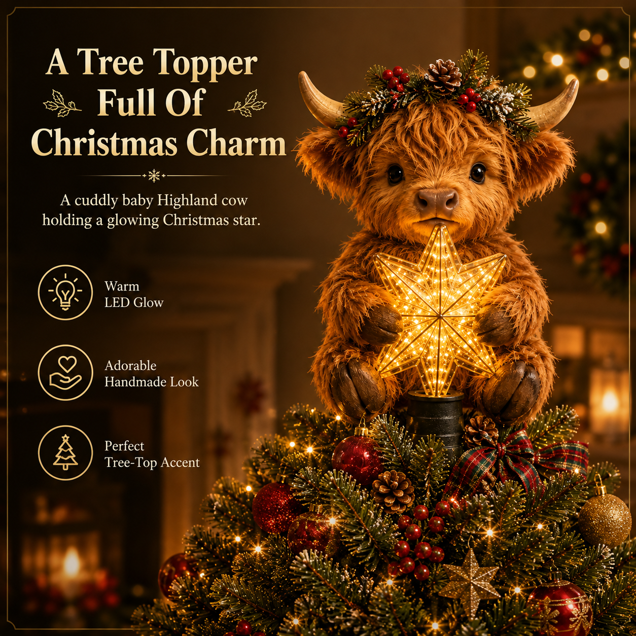Highland cow tree topper displayed on a decorated Christmas tree