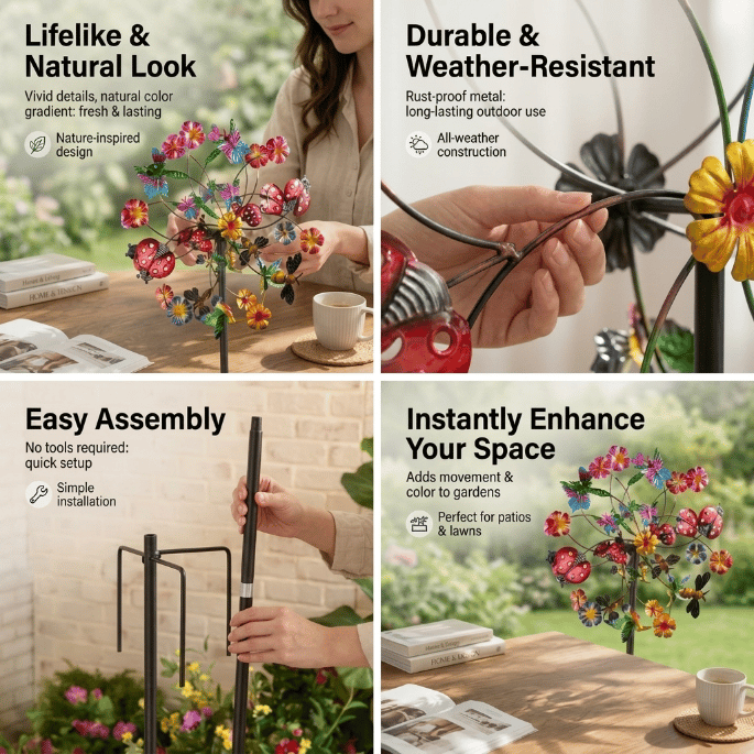 ☀️🌀Outdoors Wind Spinners with Decorative Flowers🌸(Includes bracket)87cm