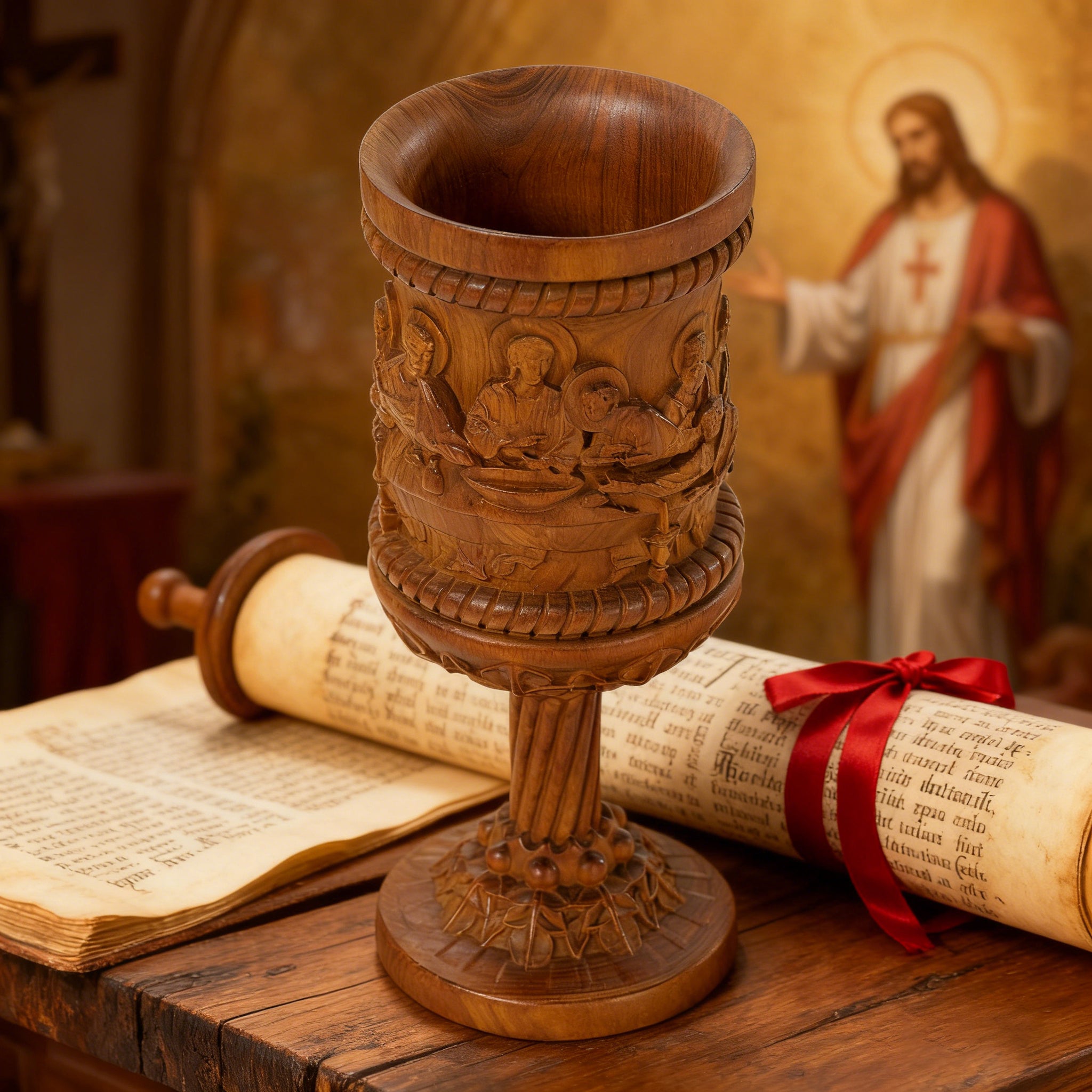 Boxwood "Last Supper" Chalice Hand-Carved Communion Cup | Eternal Symbol of Redemption & Fellowship