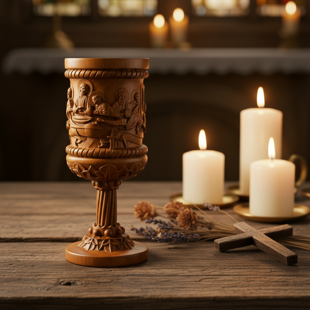 Boxwood "Last Supper" Chalice Hand-Carved Communion Cup | Eternal Symbol of Redemption & Fellowship