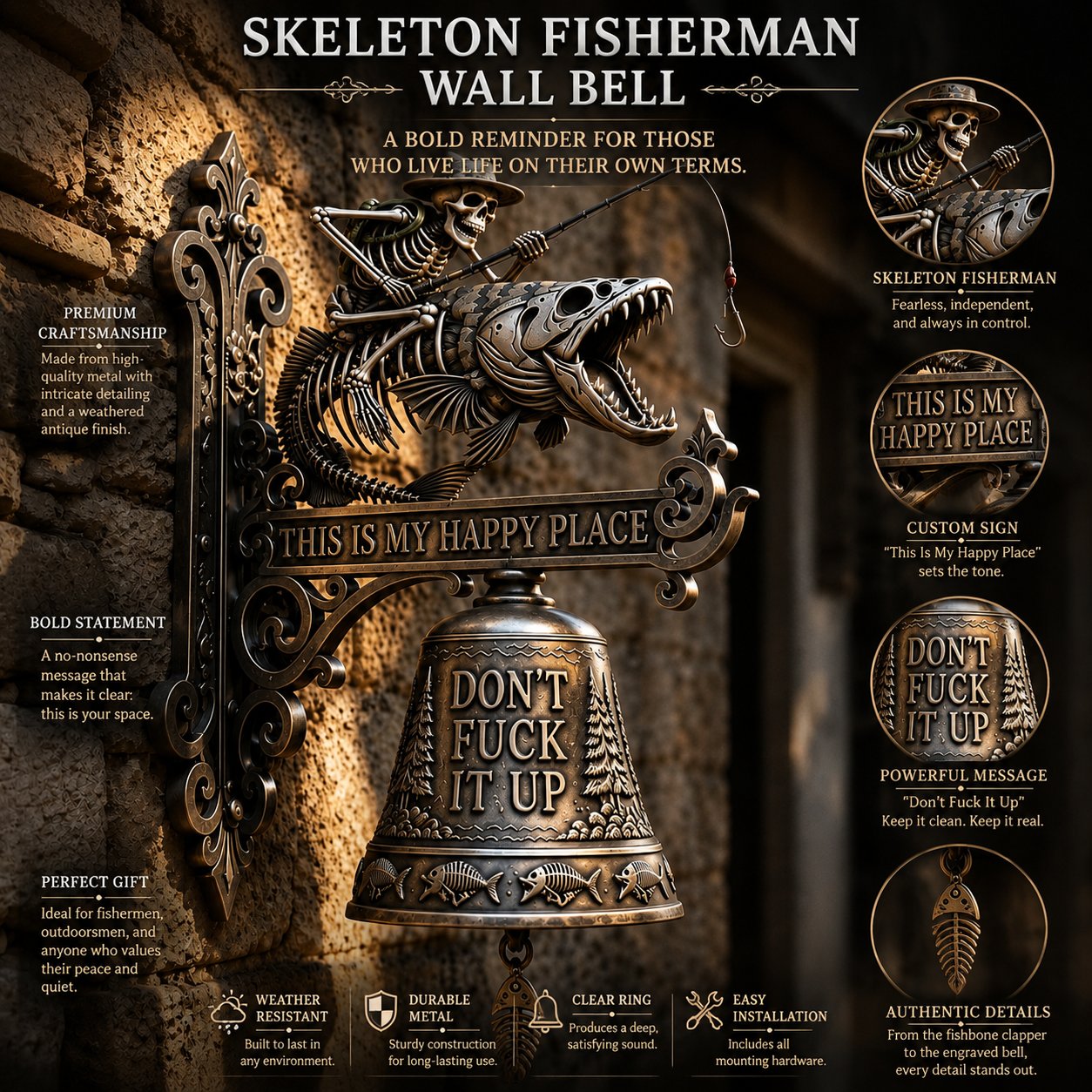 🎣 Metal Skeleton Fisherman Wall Bell – “This Is My Happy Place” Outdoor Décor