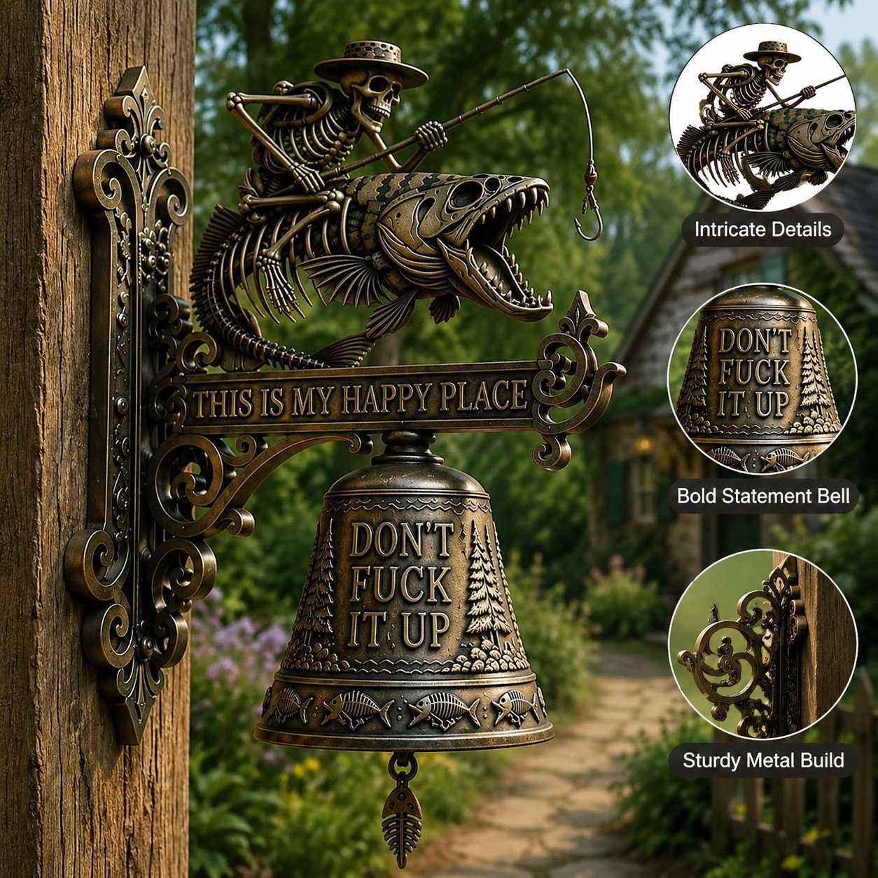 🎣 Metal Skeleton Fisherman Wall Bell – “This Is My Happy Place” Outdoor Décor