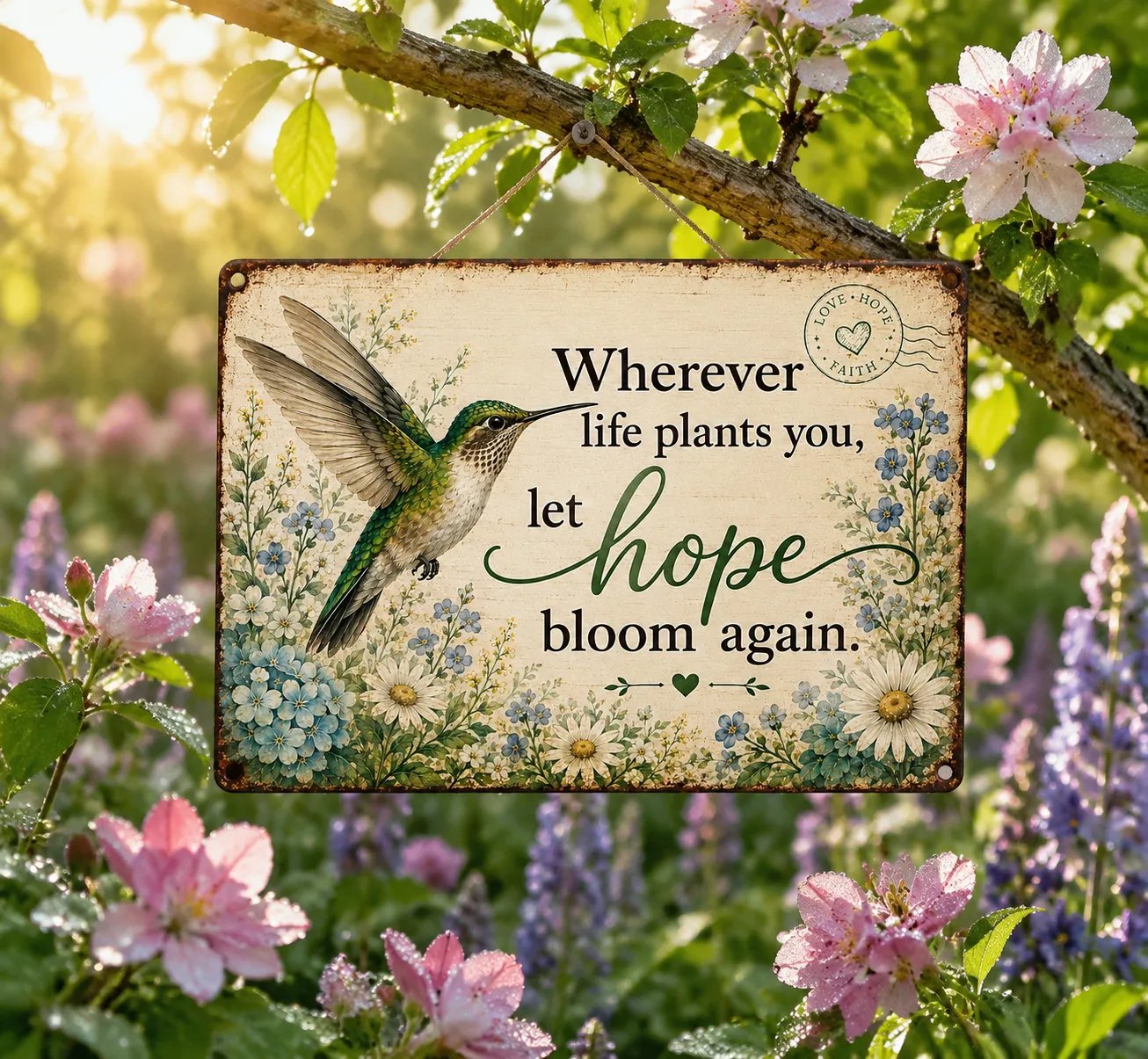 🌿 Hope Bloom Again Hummingbird Garden Sign