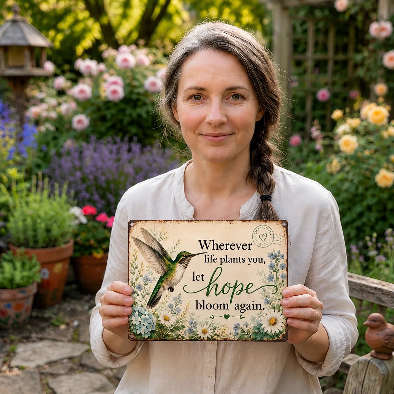 🌿 Hope Bloom Again Hummingbird Garden Sign