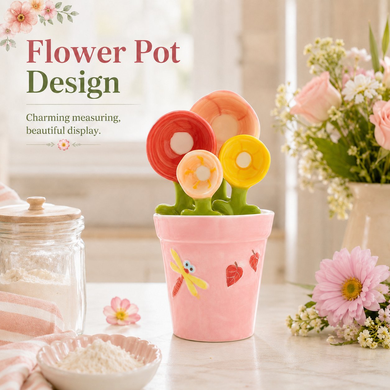 4-Piece Ceramic Flower Measuring Spoons Set with Flowerpot Base