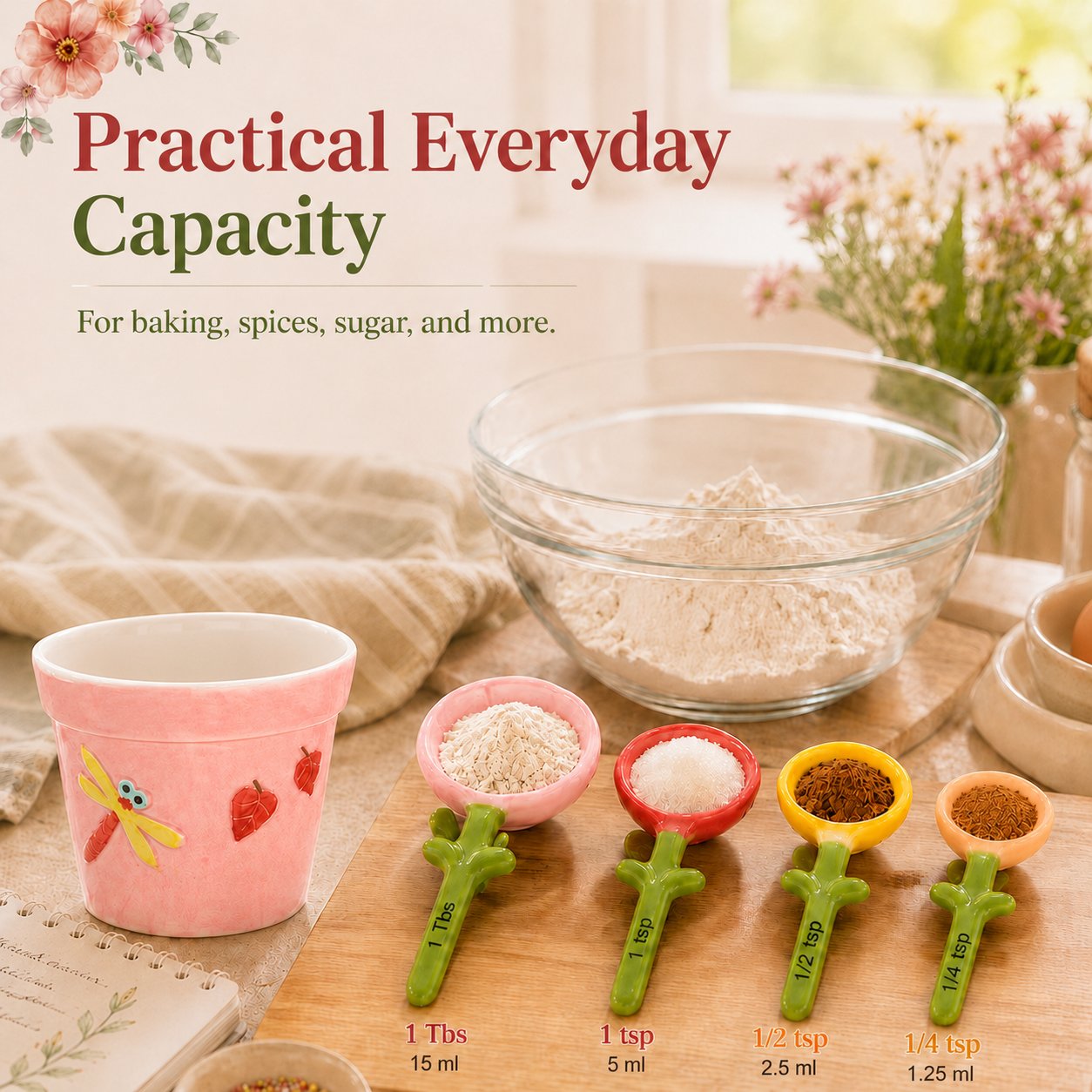 4-Piece Ceramic Flower Measuring Spoons Set with Flowerpot Base