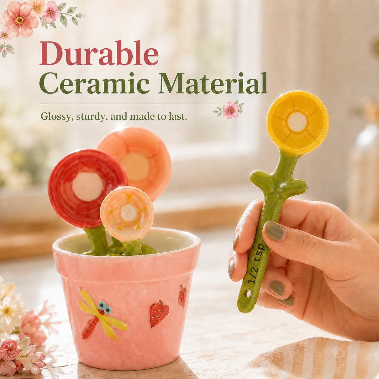 4-Piece Ceramic Flower Measuring Spoons Set with Flowerpot Base
