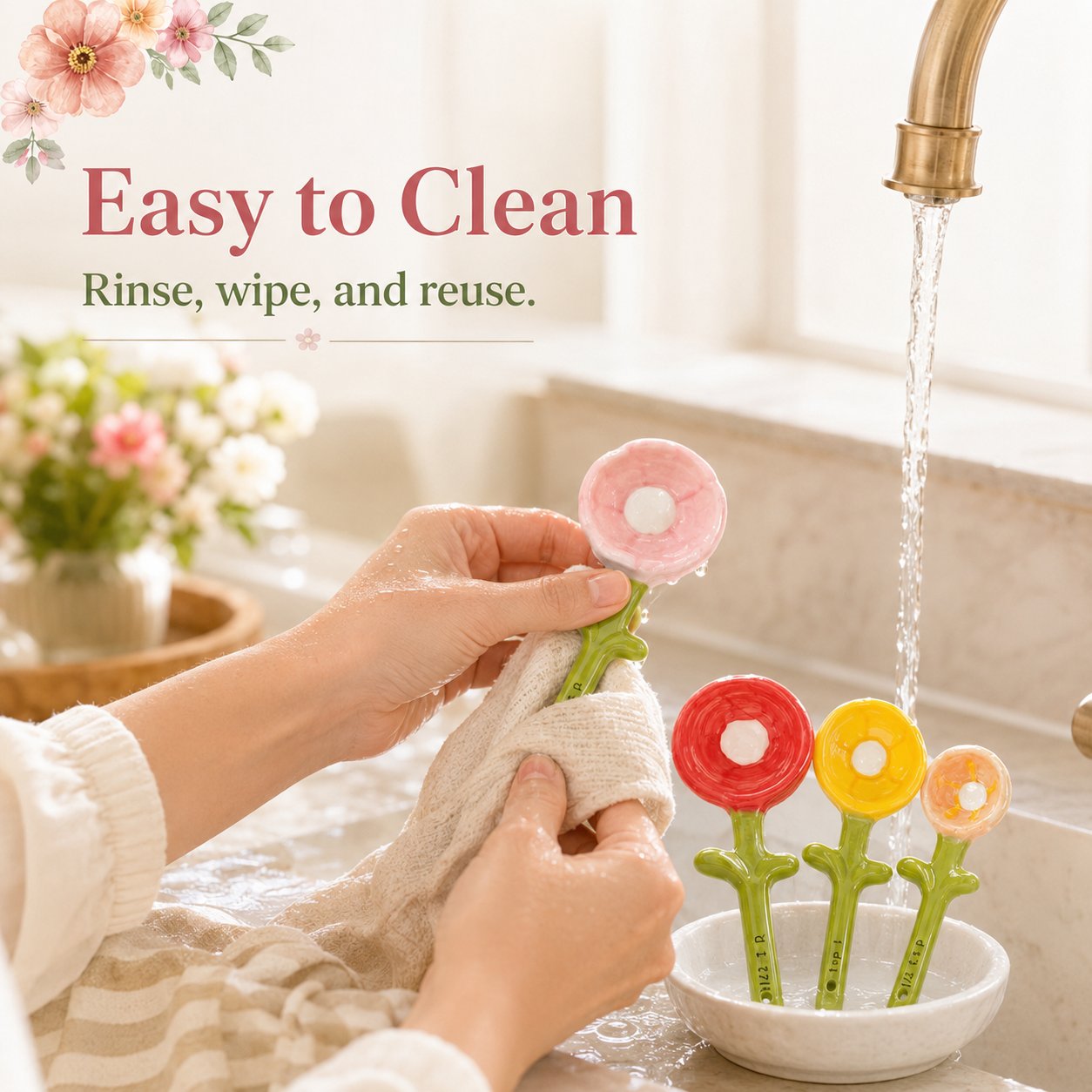 4-Piece Ceramic Flower Measuring Spoons Set with Flowerpot Base