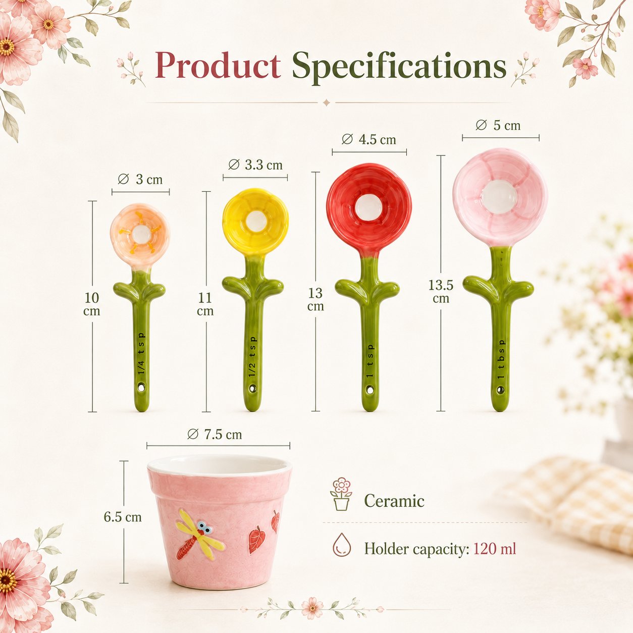 4-Piece Ceramic Flower Measuring Spoons Set with Flowerpot Base