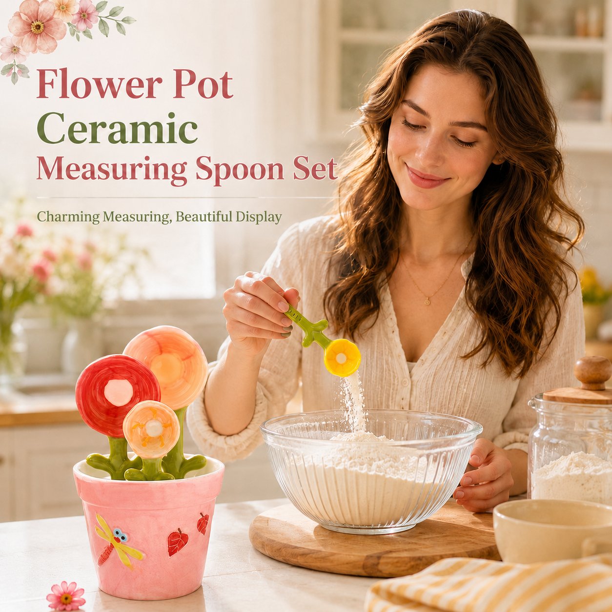 4-Piece Ceramic Flower Measuring Spoons Set with Flowerpot Base
