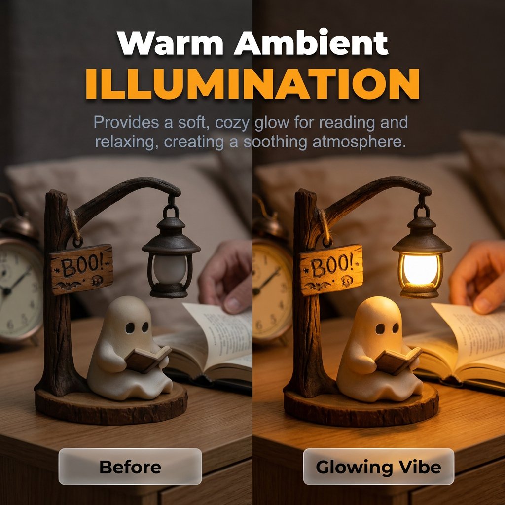 Reading Ghost LED Tree Light – Cosy Halloween Desk Decor 👻💡