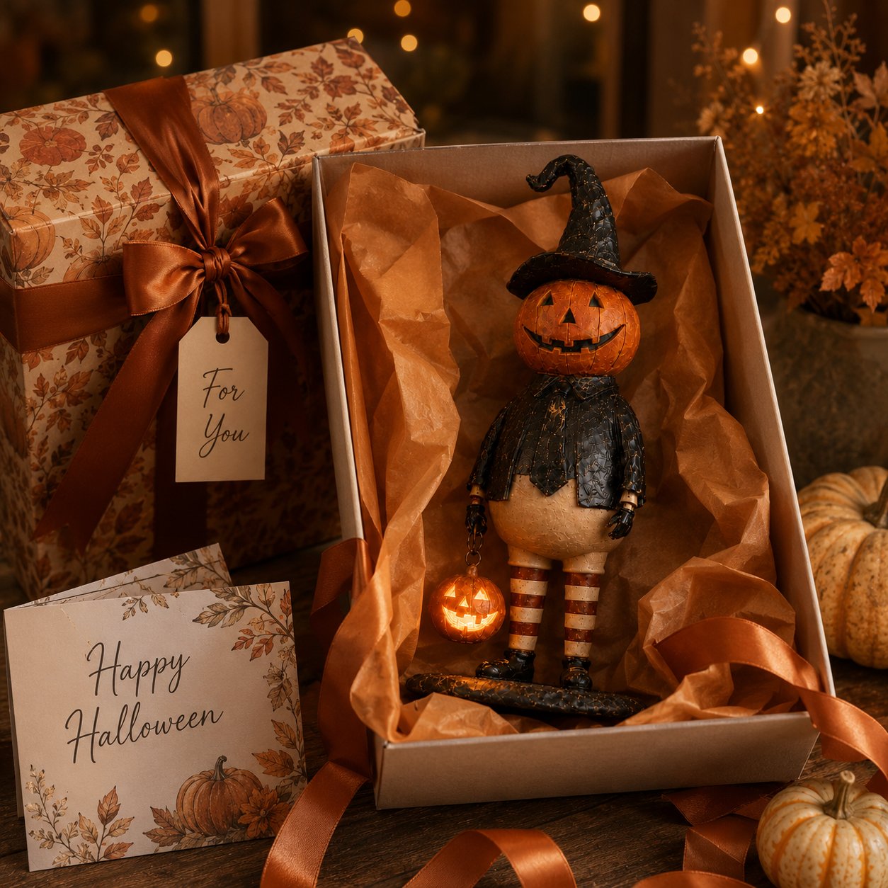 Halloween Pumpkin Head Figurine with Lighted Handheld Pumpkin Lantern