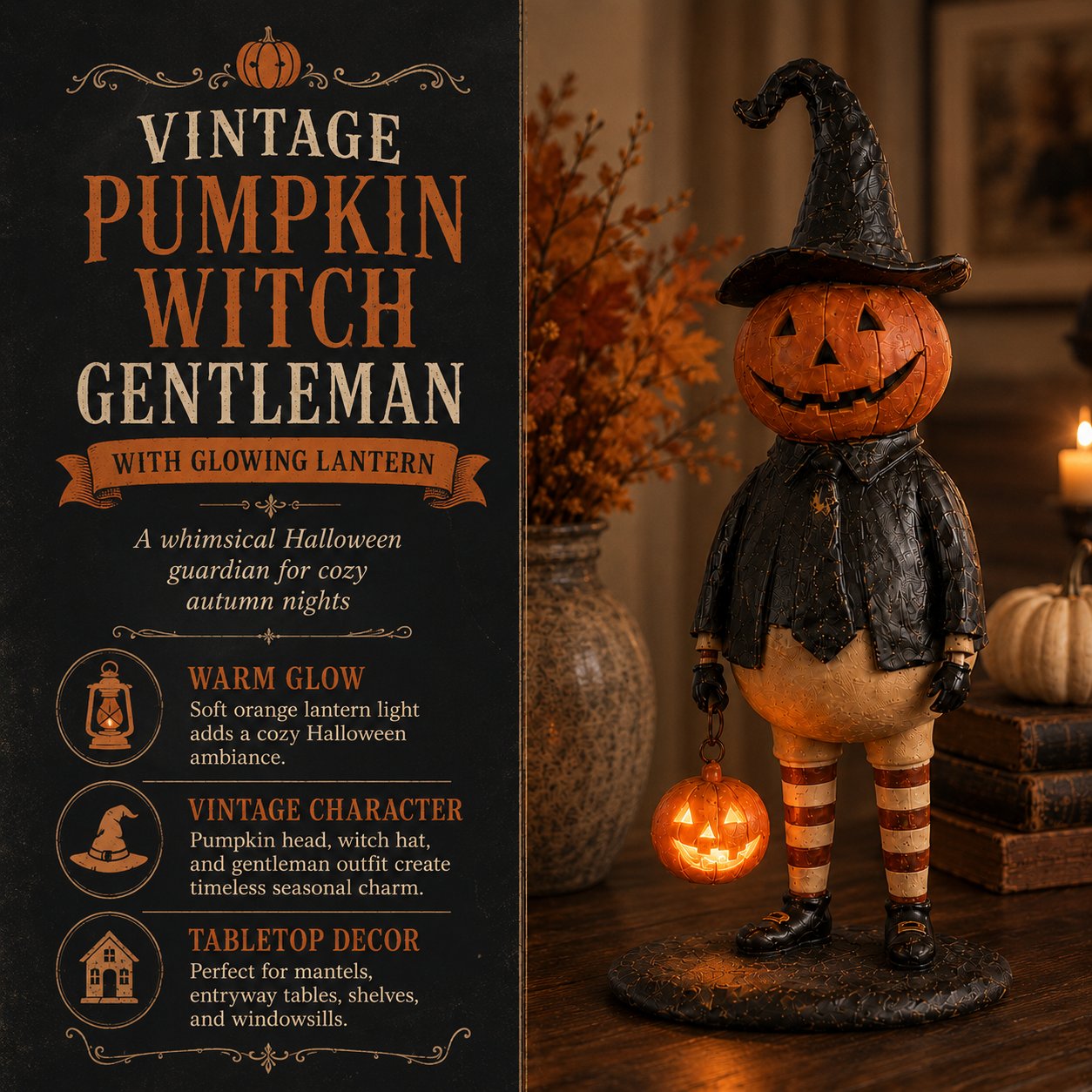 Halloween Pumpkin Head Figurine with Lighted Handheld Pumpkin Lantern