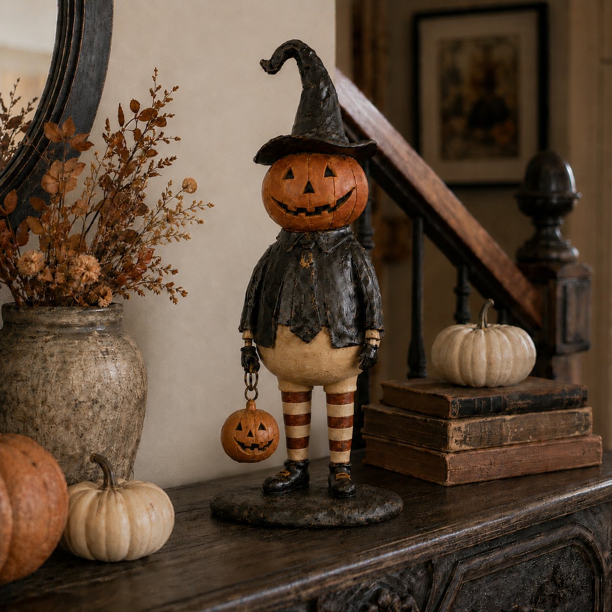 Halloween Pumpkin Head Figurine with Lighted Handheld Pumpkin Lantern