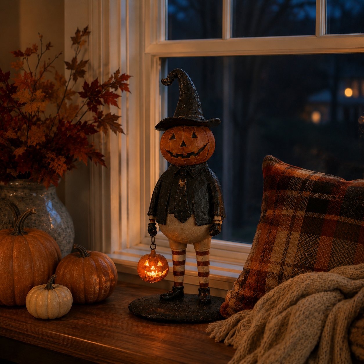 Halloween Pumpkin Head Figurine with Lighted Handheld Pumpkin Lantern
