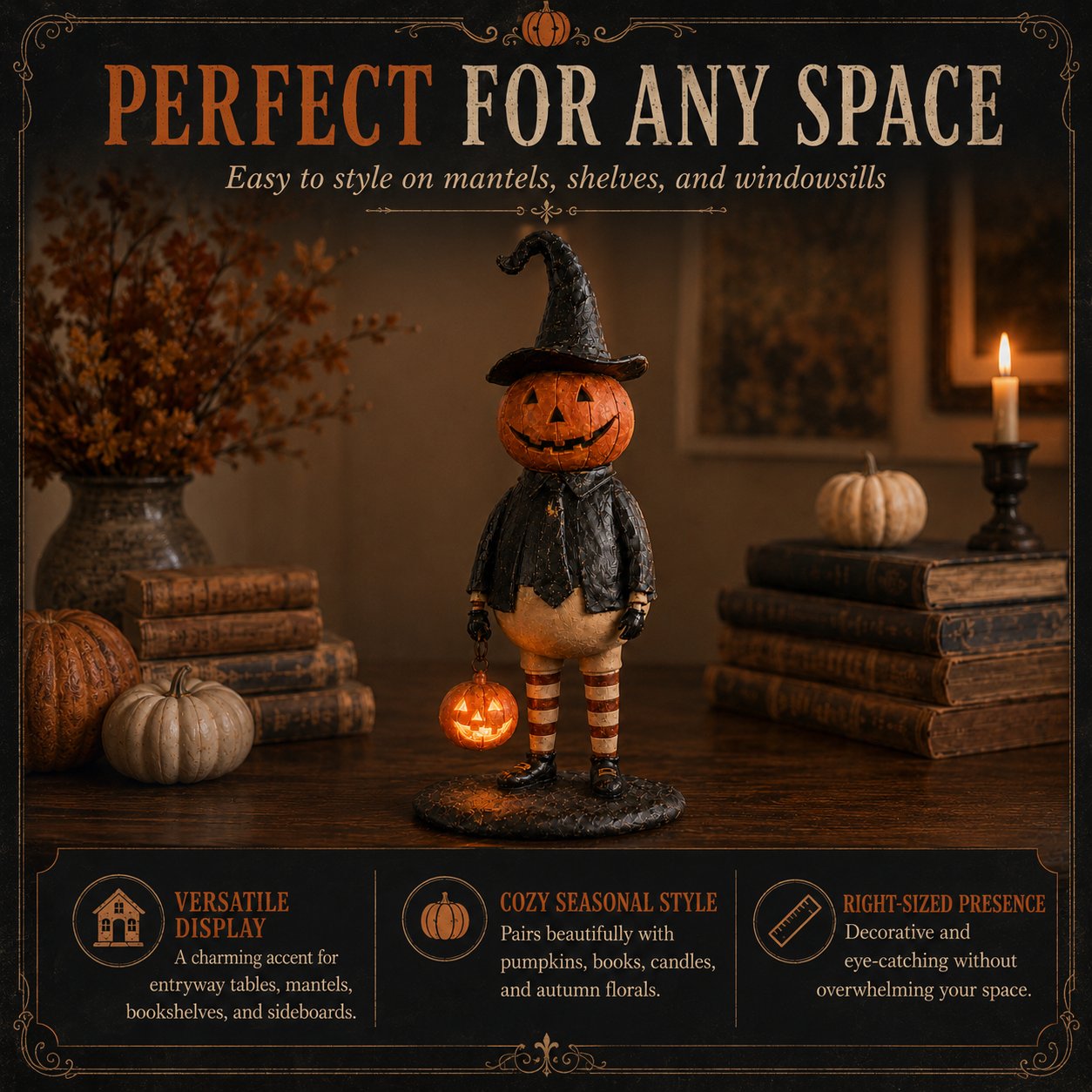 Halloween Pumpkin Head Figurine with Lighted Handheld Pumpkin Lantern