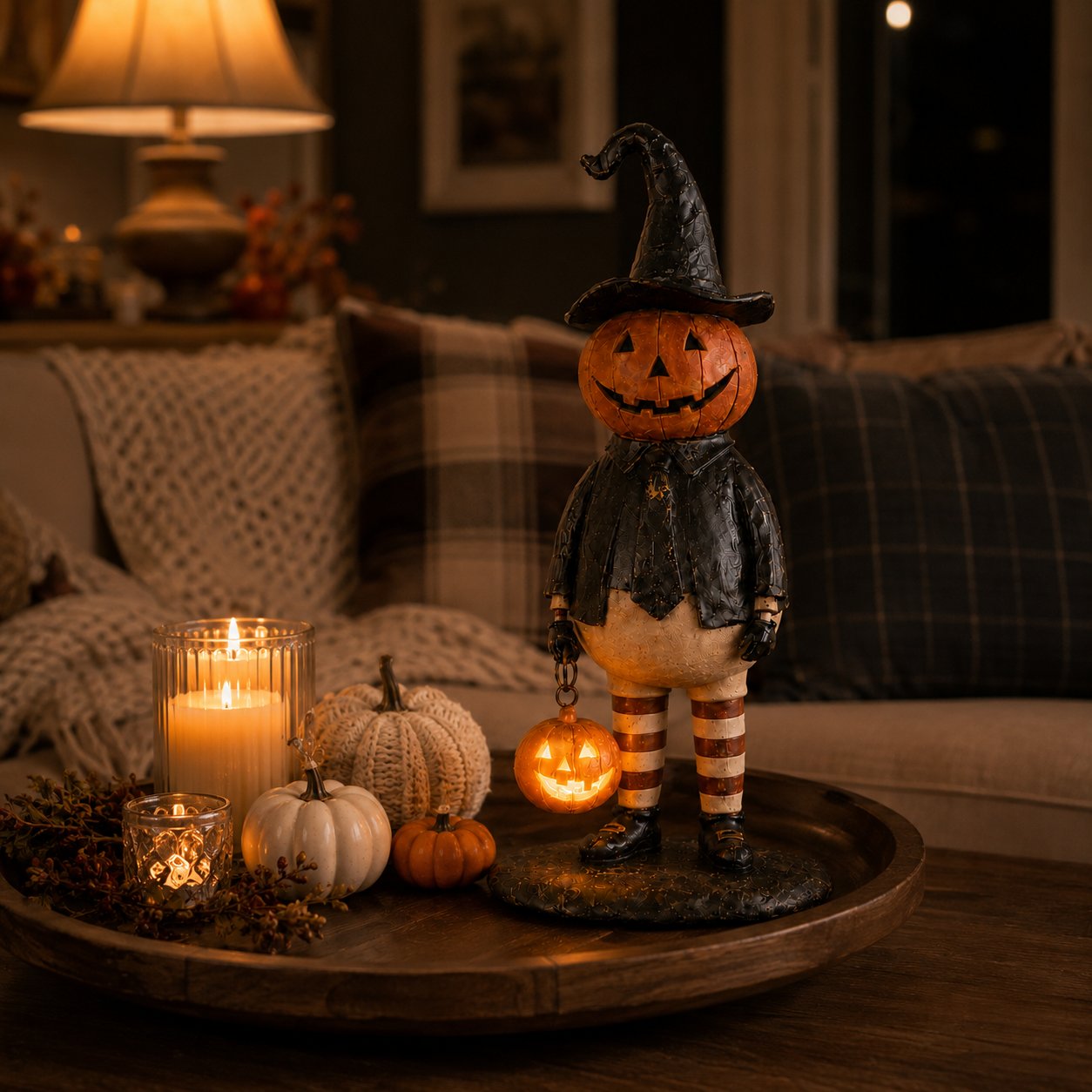 Halloween Pumpkin Head Figurine with Lighted Handheld Pumpkin Lantern