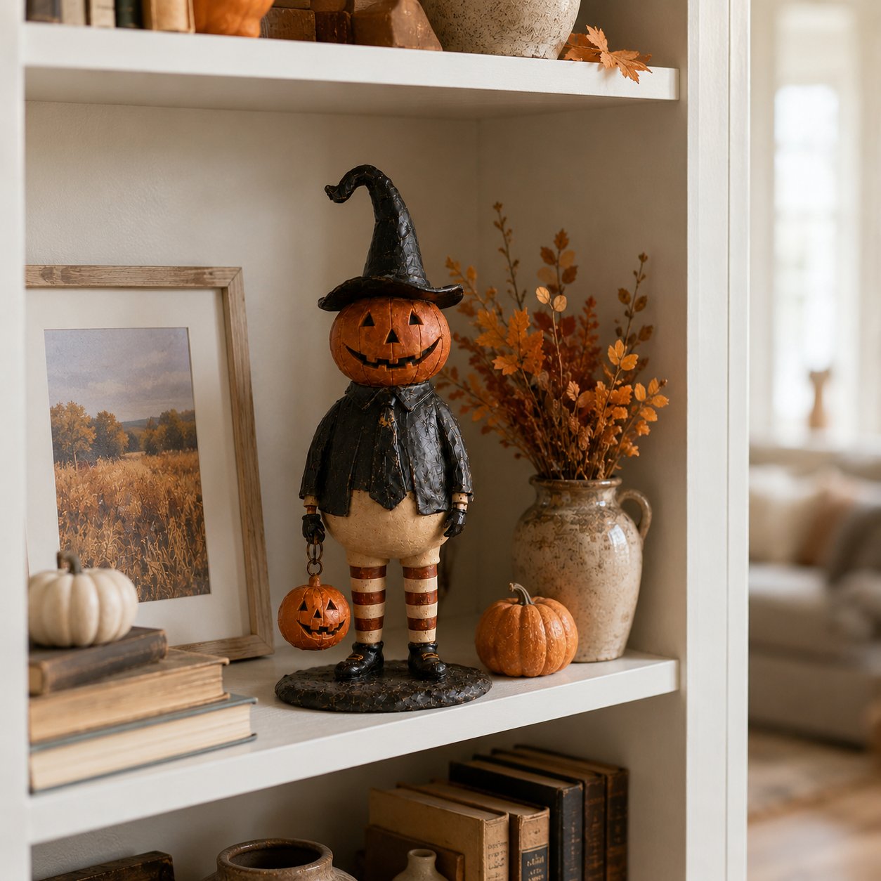 Halloween Pumpkin Head Figurine with Lighted Handheld Pumpkin Lantern
