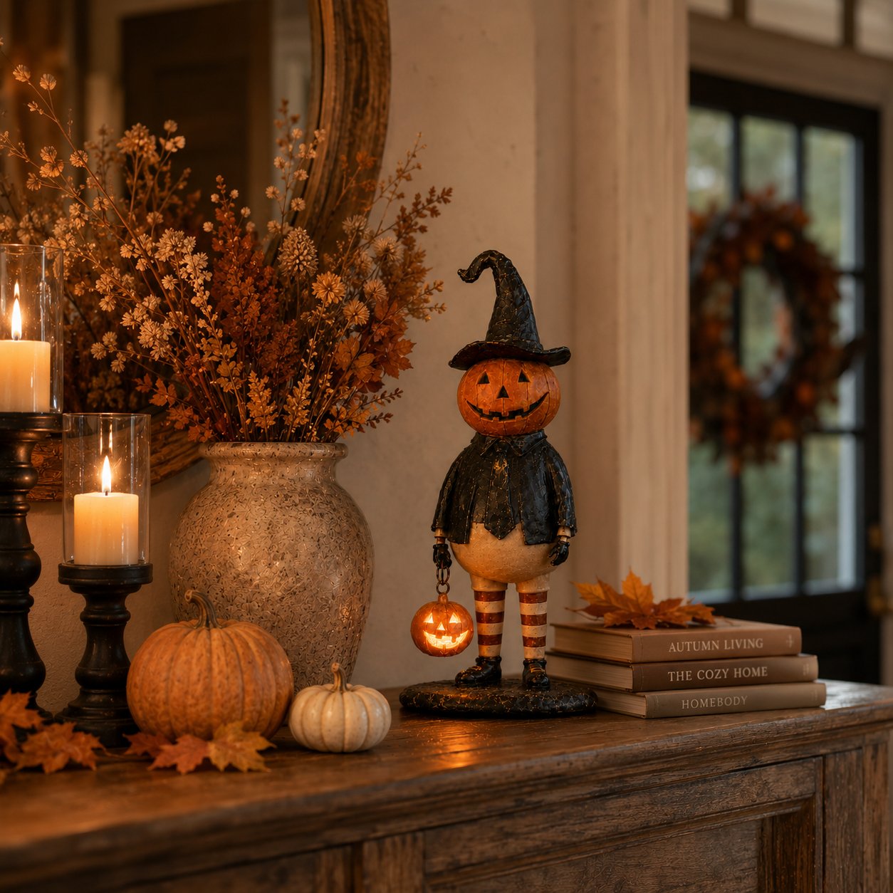 Halloween Pumpkin Head Figurine with Lighted Handheld Pumpkin Lantern