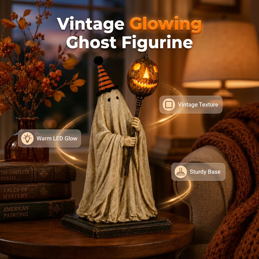 🎃Lighted Vintage Ghost Figurine with Glowing Pumpkin Staff