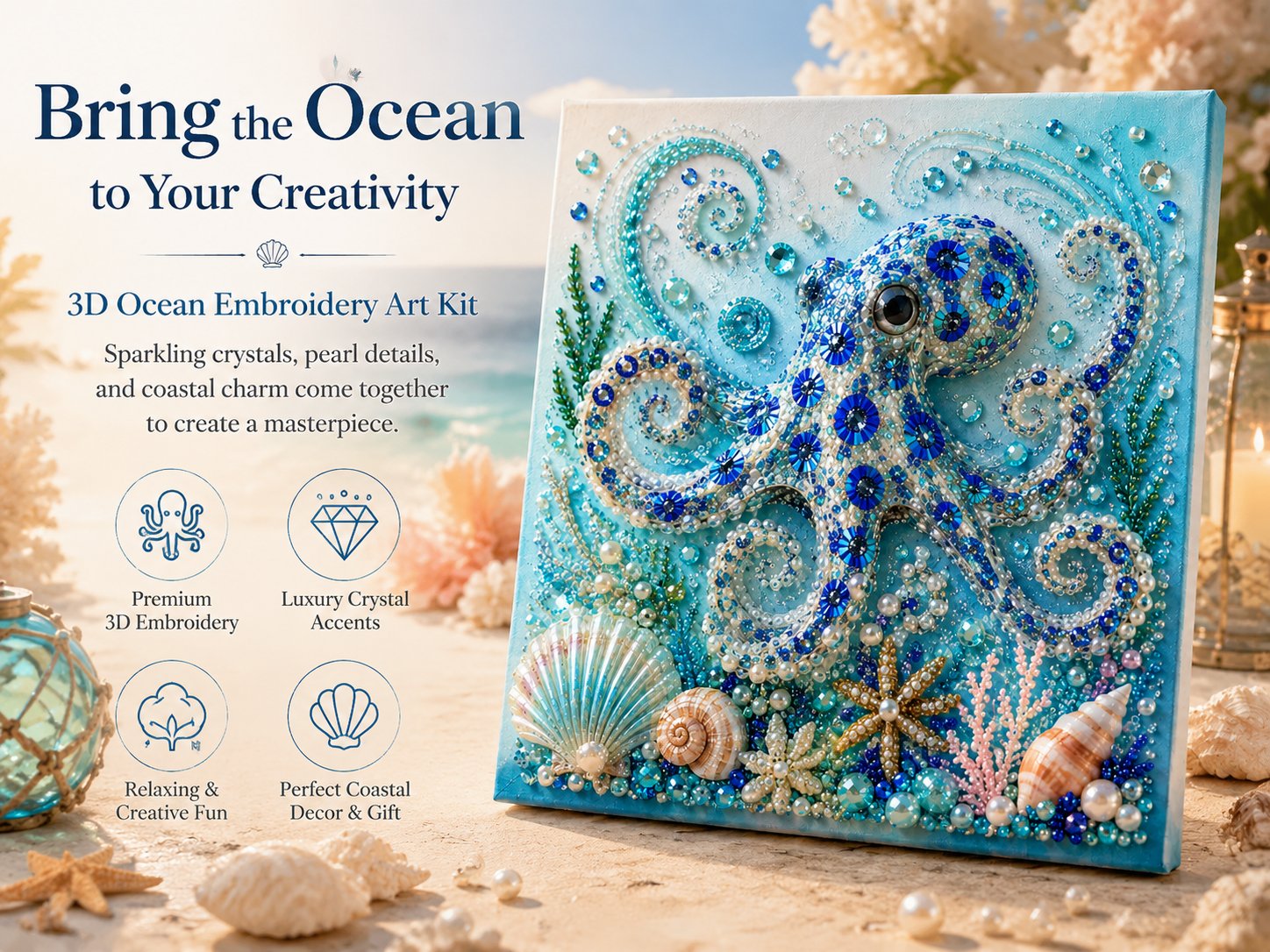 🌊Ocean Theme Pearl Art DIY Kit | 3D Sparkling Coastal Wall Decor 🐚✨ - 🐙Octopus